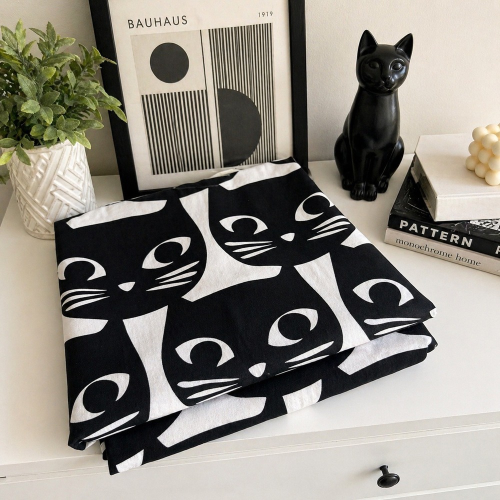 IKEA GLANSNÄVA Cat Curtain Panel Black White Graphic Fabric 56x94 MCM RARE